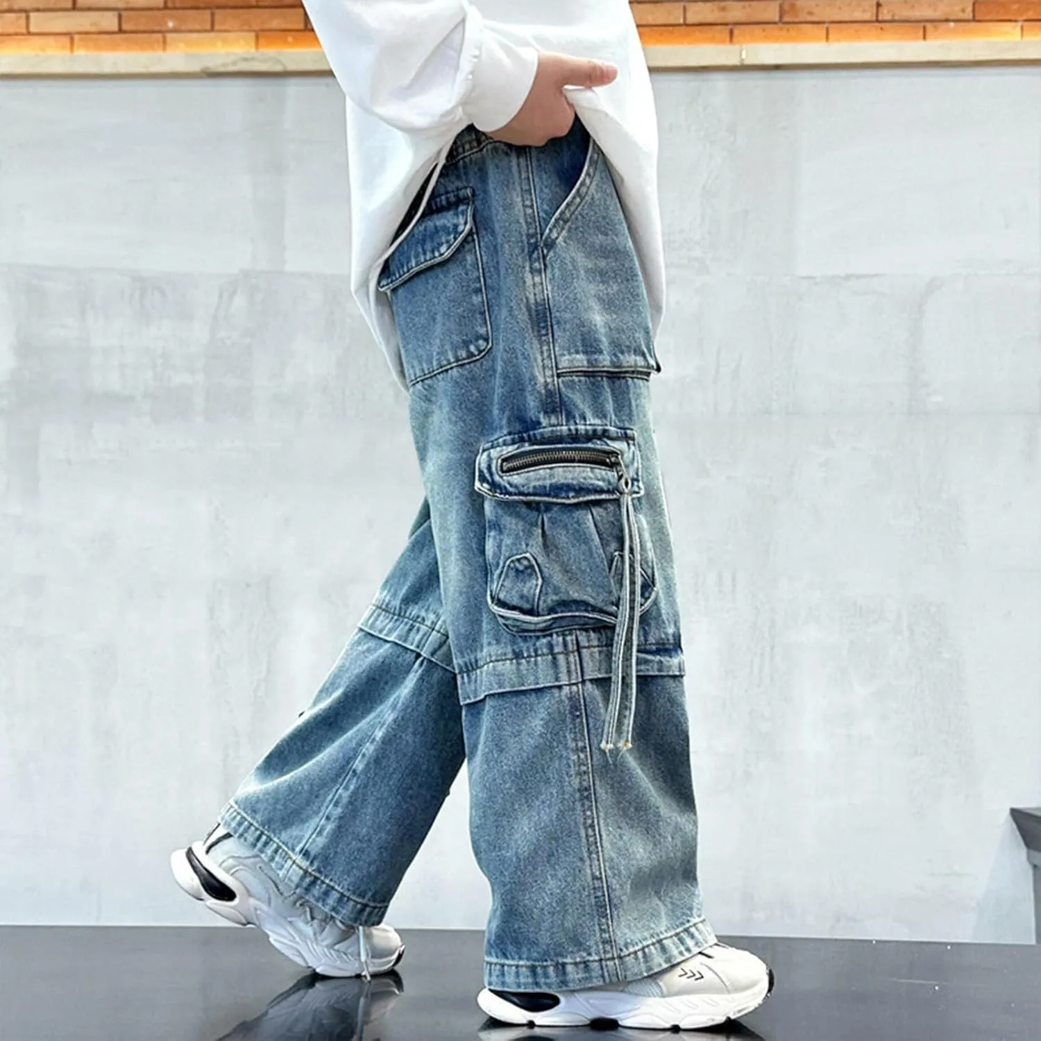 Boys Baggy Jeans Cargo Denim Pants Elastic Waist Trousers Flap Pocket Classic Streetwear Vintage Jeans School Clothing