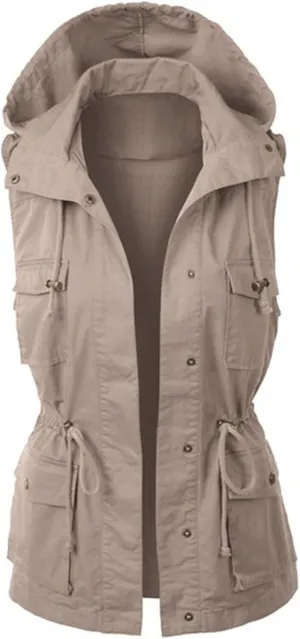 Cargo Vest Women Hooded Lightweight Sleeveless High Neck Button Drawstring Utility Travel Vest Jacket with Pockets