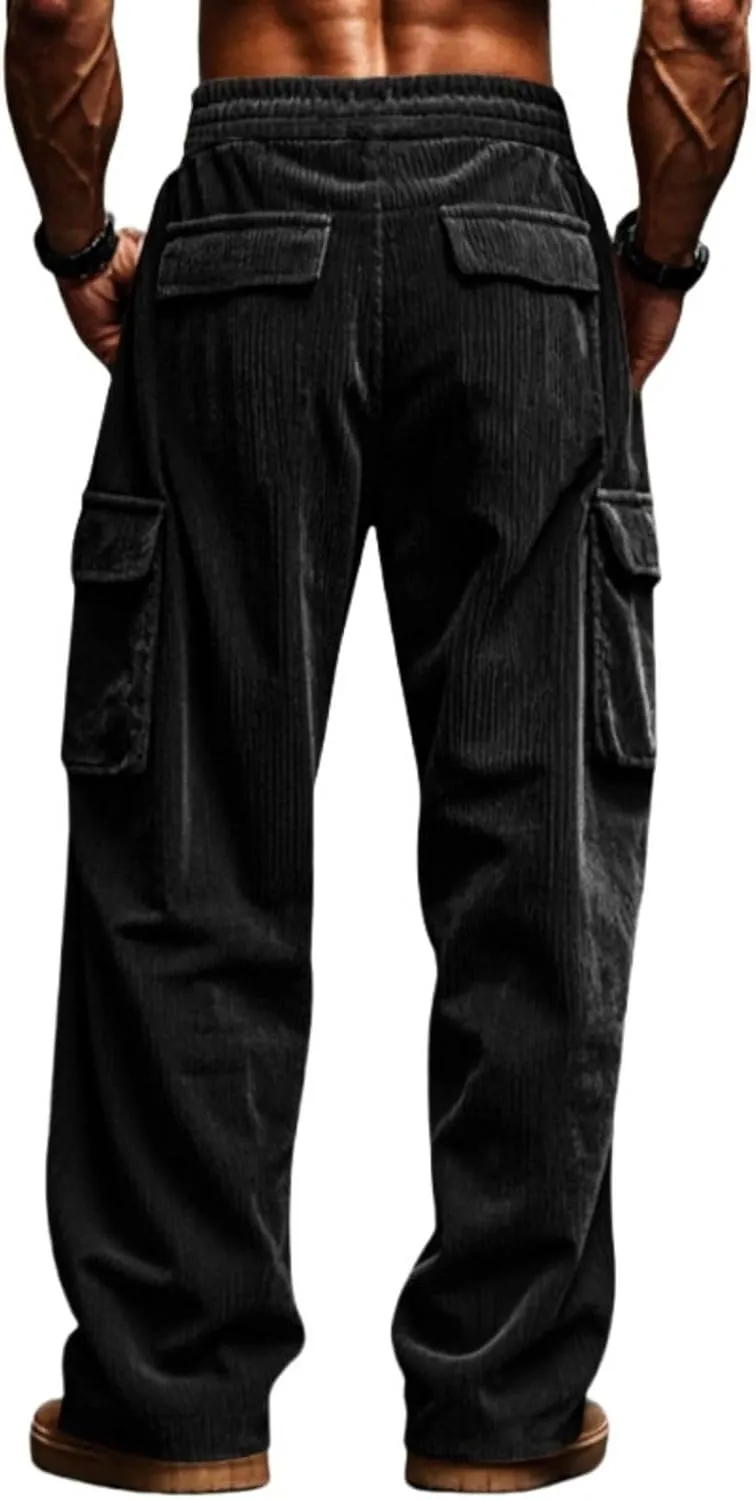 Casual Corduroy Pants for Men Drawstring Stretch Cargo Sweatpants Relaxed Fit Wide Leg Trousers with Multiple Pockets