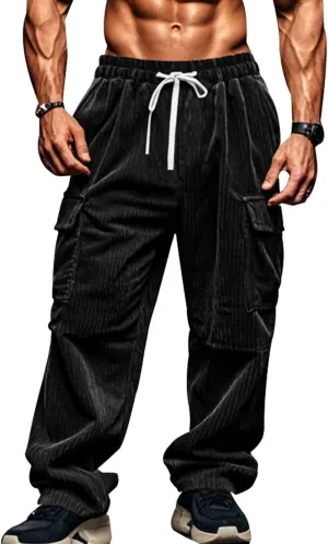 Casual Corduroy Pants for Men Drawstring Stretch Cargo Sweatpants Relaxed Fit Wide Leg Trousers with Multiple Pockets