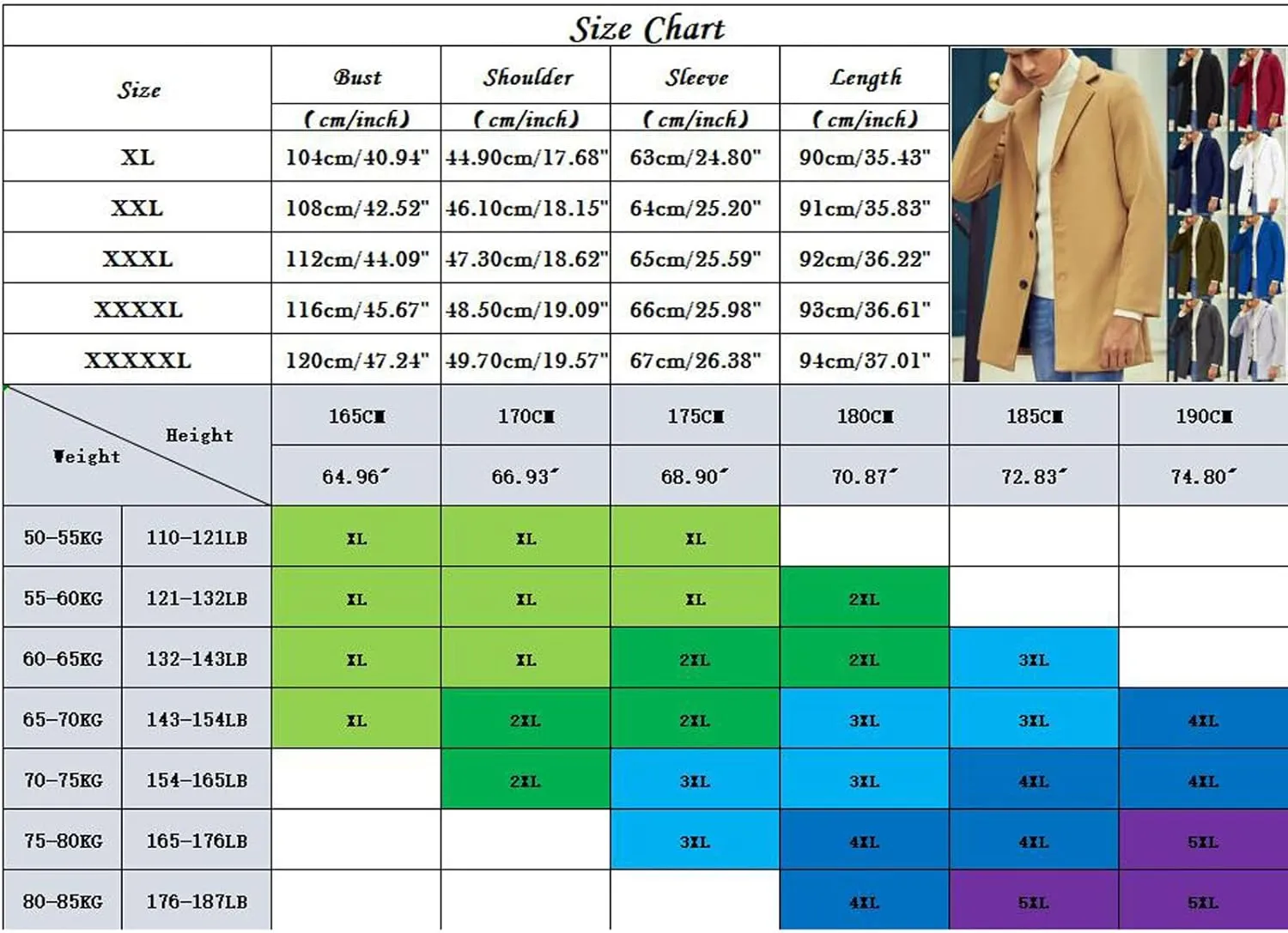 Casual Pea Coat for Men Notched Lapel Trench Coat Single Breasted Solid Overcoat Big and Tall Long Jacket Classic Coat