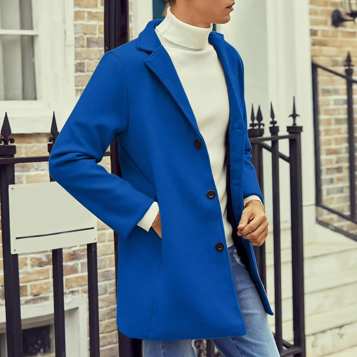 Casual Pea Coat for Men Notched Lapel Trench Coat Single Breasted Solid Overcoat Big and Tall Long Jacket Classic Coat