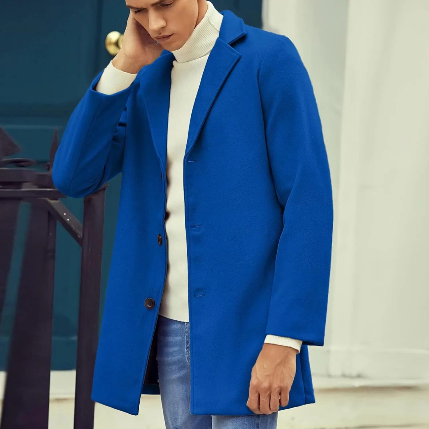 Casual Pea Coat for Men Notched Lapel Trench Coat Single Breasted Solid Overcoat Big and Tall Long Jacket Classic Coat