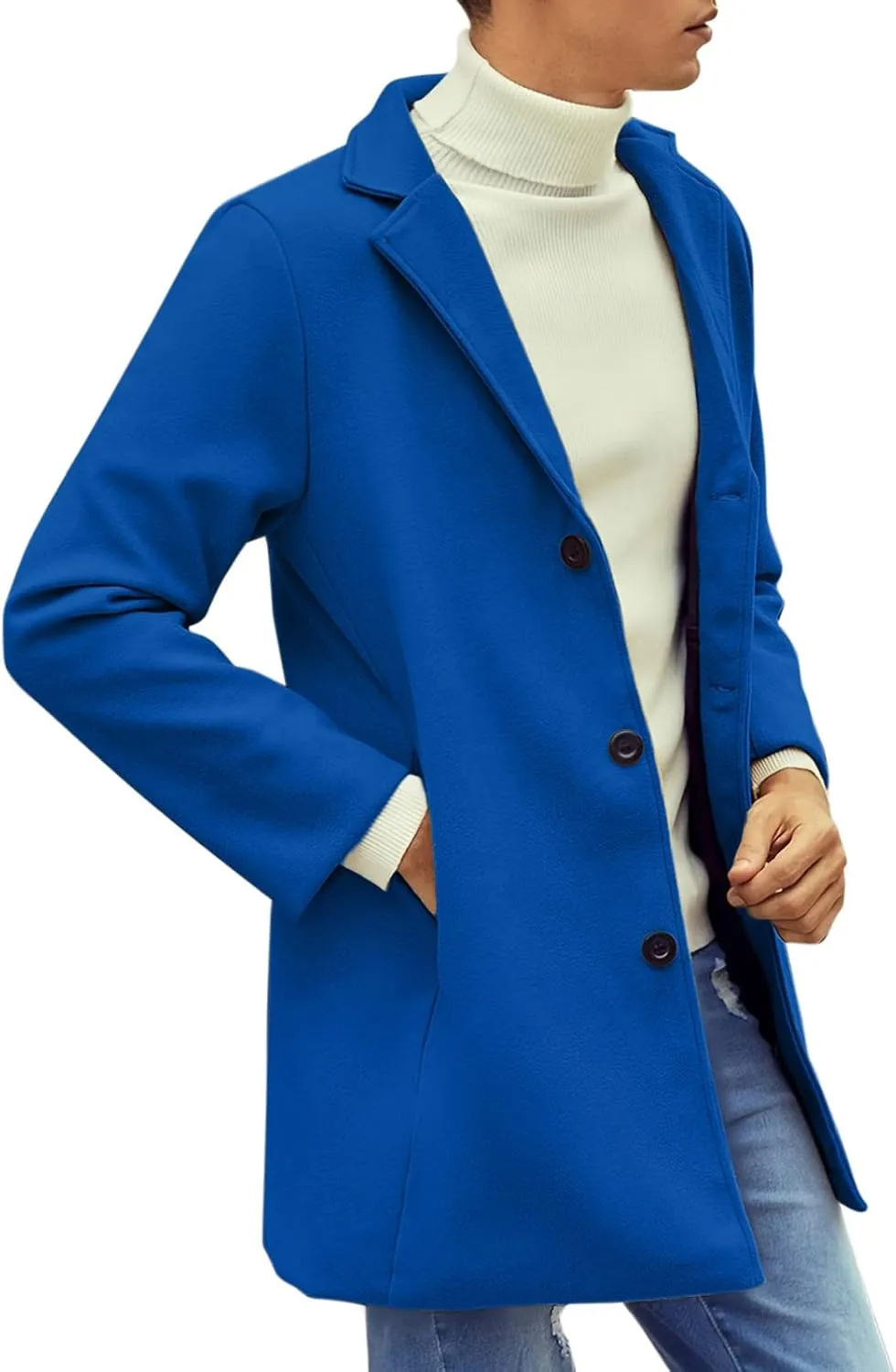 Casual Pea Coat for Men Notched Lapel Trench Coat Single Breasted Solid Overcoat Big and Tall Long Jacket Classic Coat