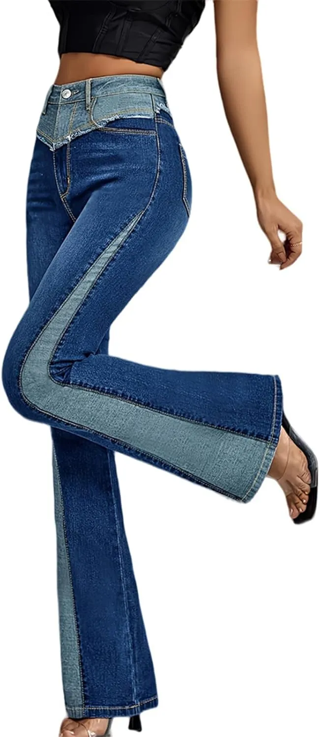 cffvdiz Bell Bottom Jeans for Women High Waisted Slim Patchwork Bootcut Jeans Flare Denim Pants