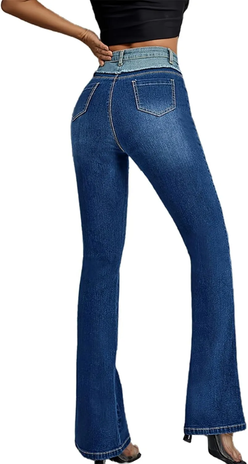cffvdiz Bell Bottom Jeans for Women High Waisted Slim Patchwork Bootcut Jeans Flare Denim Pants