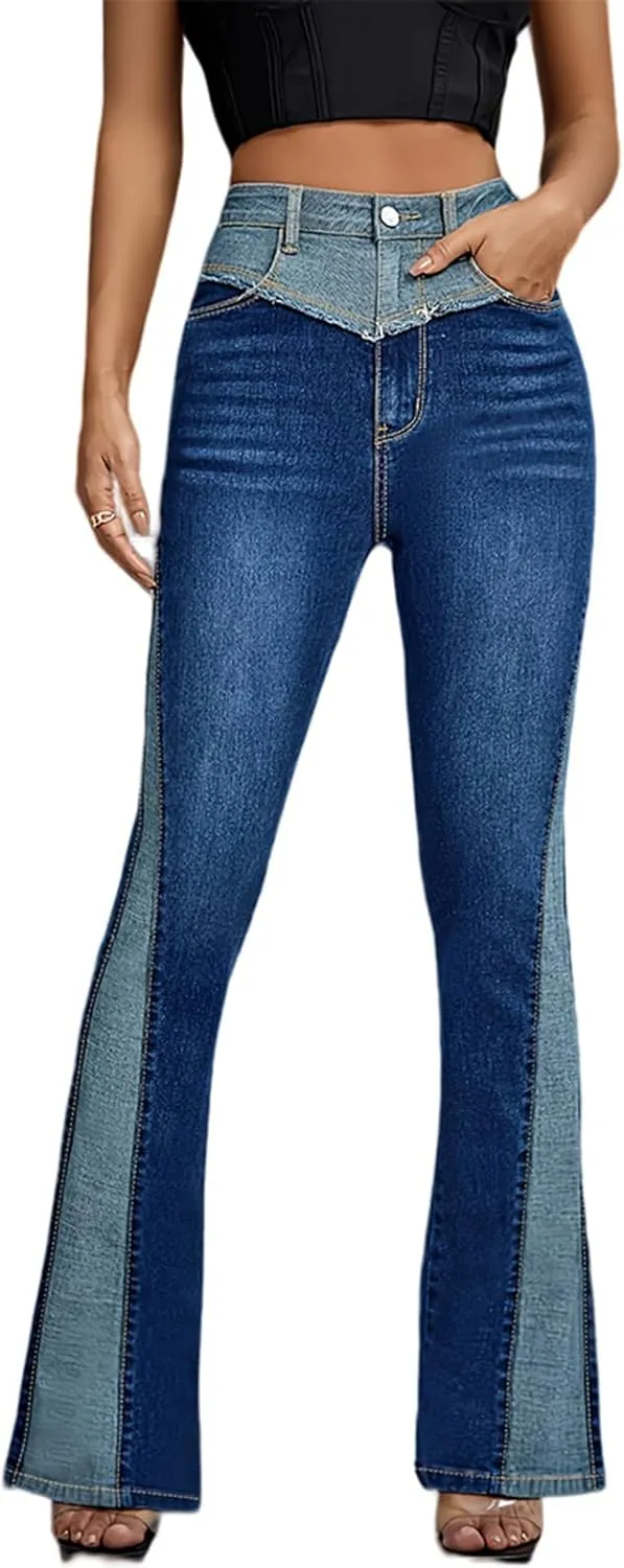 cffvdiz Bell Bottom Jeans for Women High Waisted Slim Patchwork Bootcut Jeans Flare Denim Pants