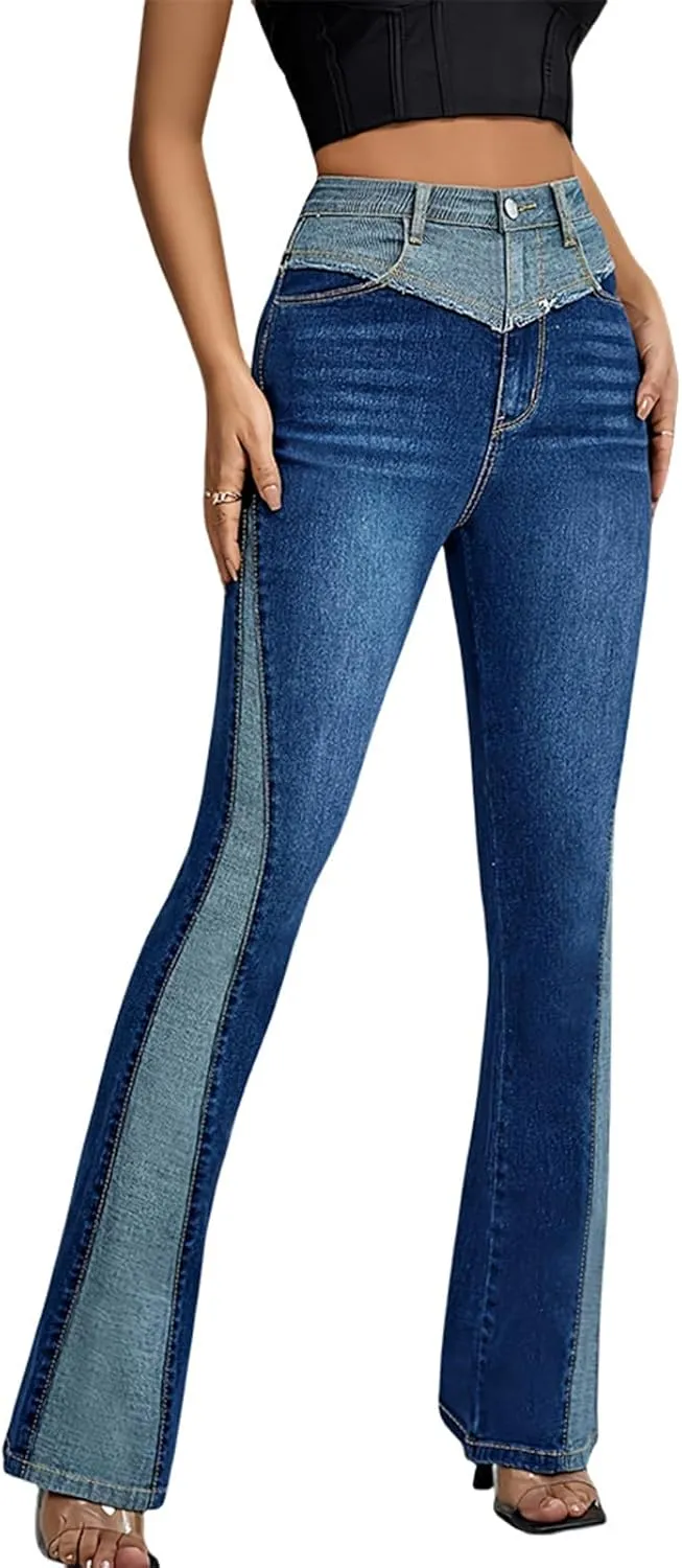 cffvdiz Bell Bottom Jeans for Women High Waisted Slim Patchwork Bootcut Jeans Flare Denim Pants