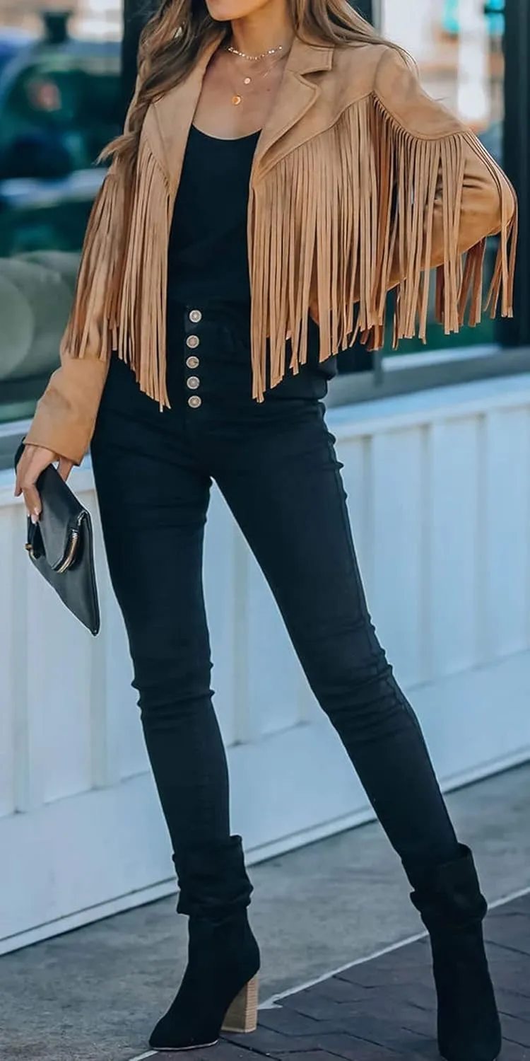 CHARTOU Casual Faux Leather Jacket Women Motorcycle Jacket Fringe Cropped Jacket Utility Tassel Suede Moto Jacket