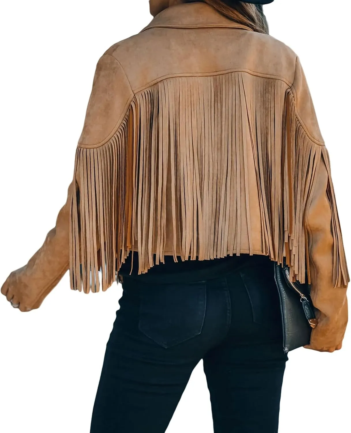 CHARTOU Casual Faux Leather Jacket Women Motorcycle Jacket Fringe Cropped Jacket Utility Tassel Suede Moto Jacket