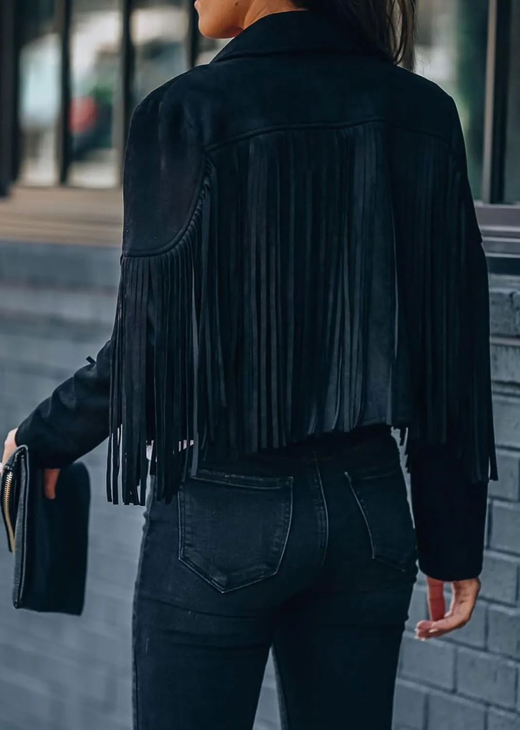 CHARTOU Casual Faux Leather Jacket Women Motorcycle Jacket Fringe Cropped Jacket Utility Tassel Suede Moto Jacket