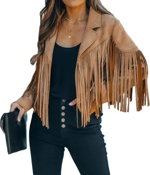 CHARTOU Casual Faux Leather Jacket Women Motorcycle Jacket Fringe Cropped Jacket Utility Tassel Suede Moto Jacket
