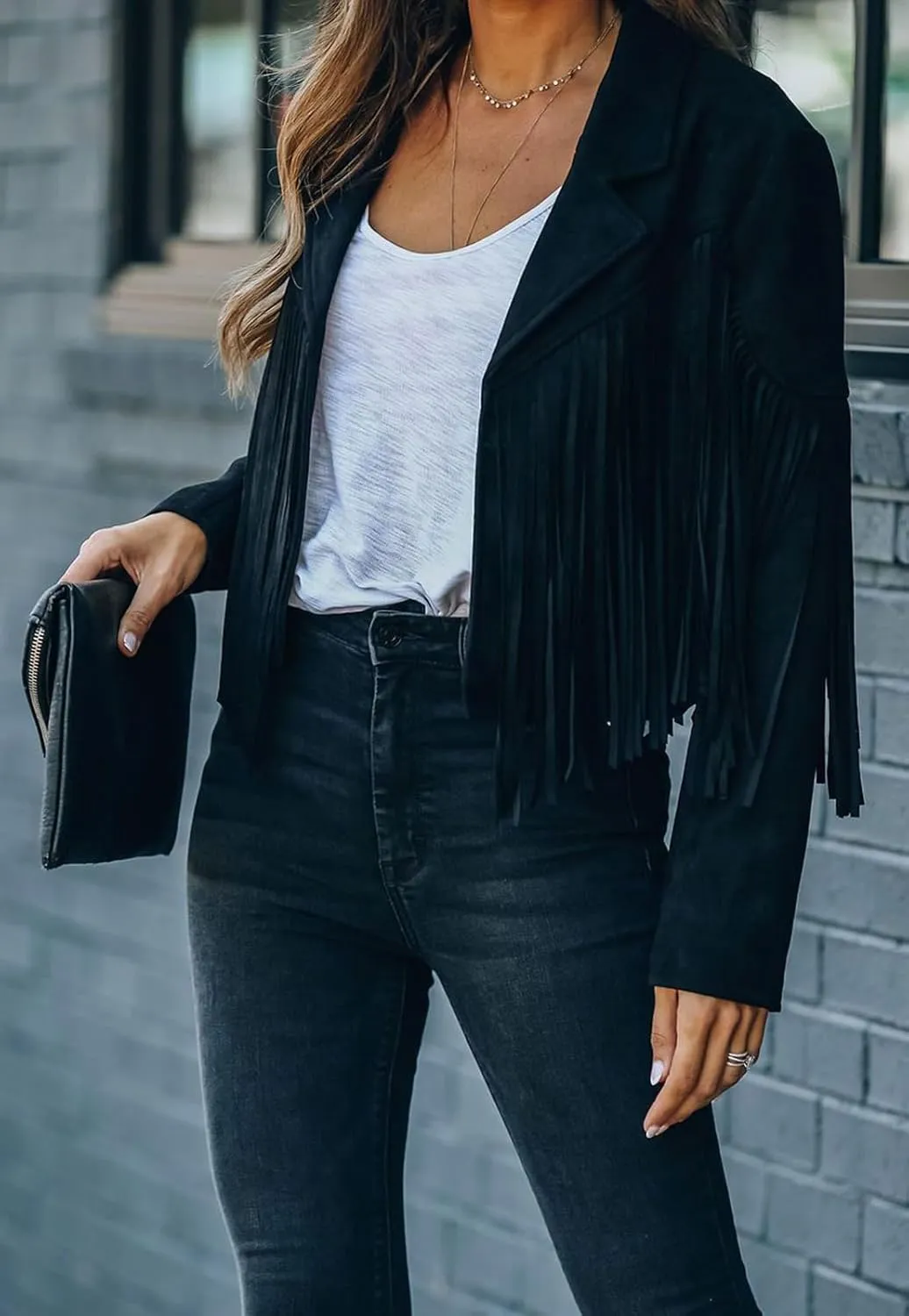 CHARTOU Casual Faux Leather Jacket Women Motorcycle Jacket Fringe Cropped Jacket Utility Tassel Suede Moto Jacket