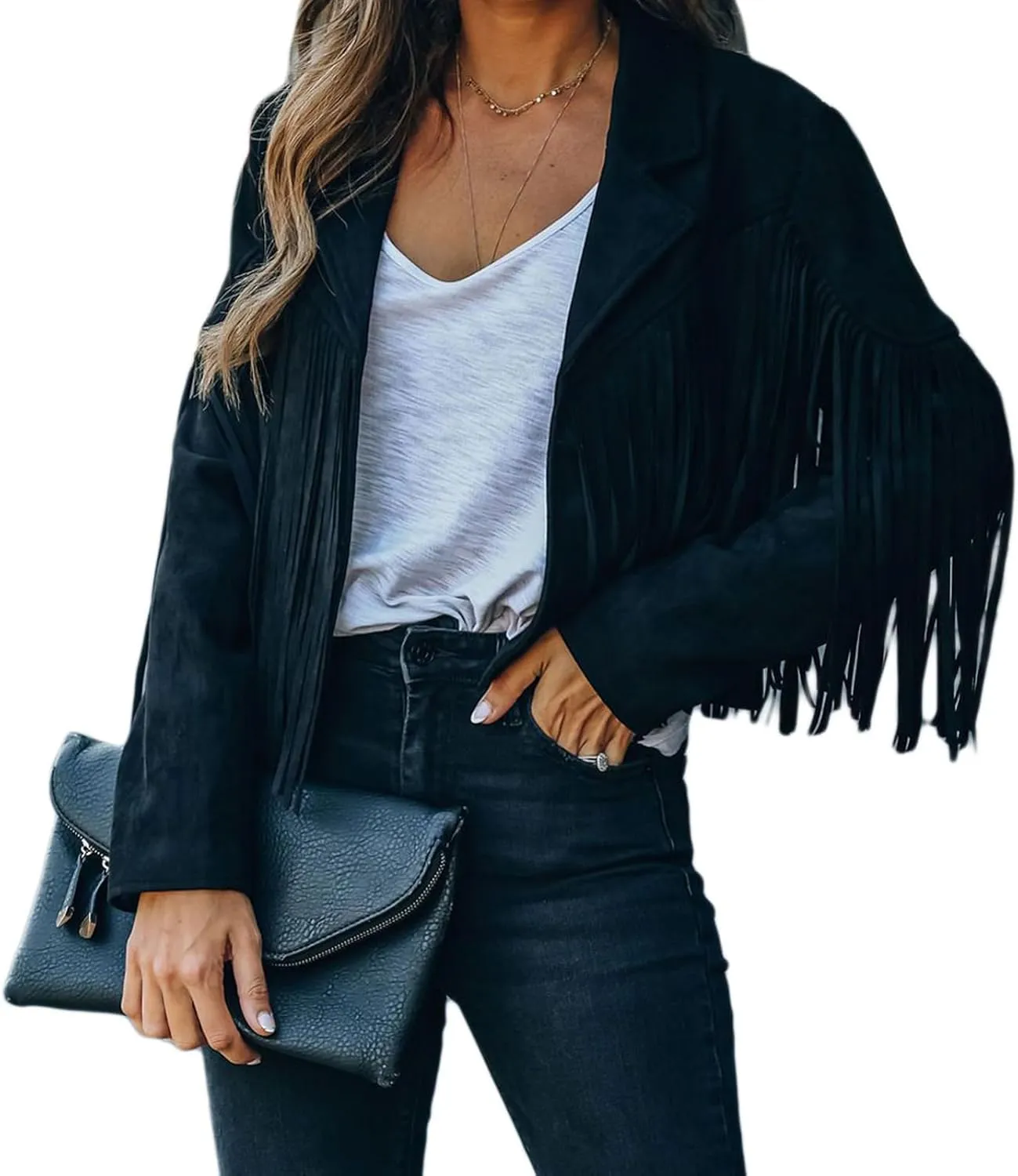 CHARTOU Casual Faux Leather Jacket Women Motorcycle Jacket Fringe Cropped Jacket Utility Tassel Suede Moto Jacket