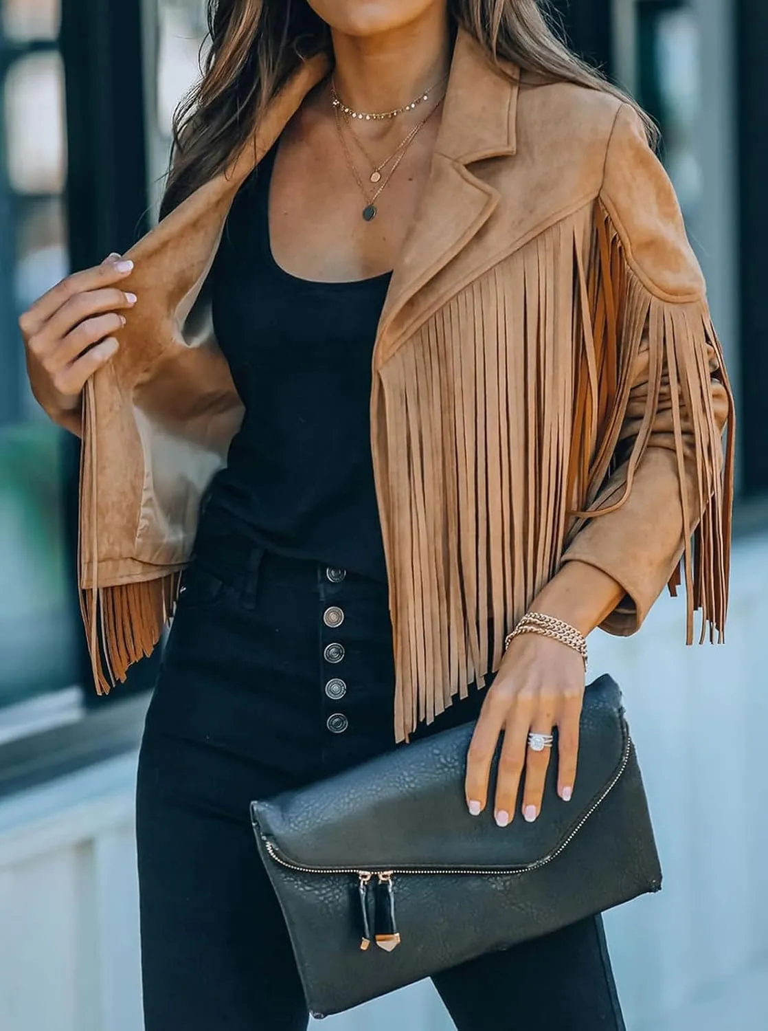 CHARTOU Casual Faux Leather Jacket Women Motorcycle Jacket Fringe Cropped Jacket Utility Tassel Suede Moto Jacket