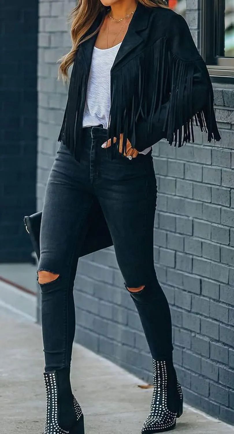 CHARTOU Casual Faux Leather Jacket Women Motorcycle Jacket Fringe Cropped Jacket Utility Tassel Suede Moto Jacket