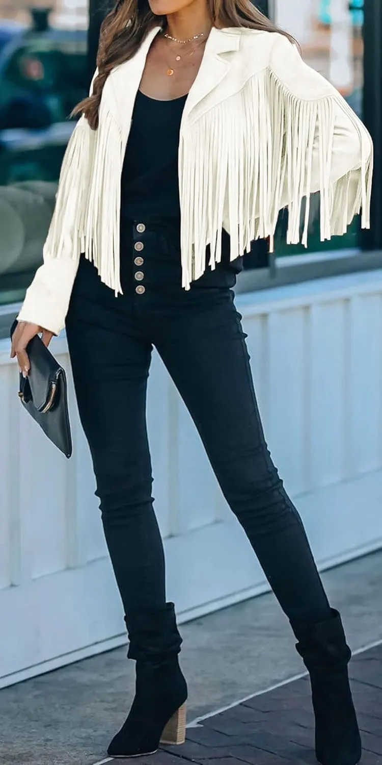 CHARTOU Casual Faux Leather Jacket Women Motorcycle Jacket Fringe Cropped Jacket Utility Tassel Suede Moto Jacket