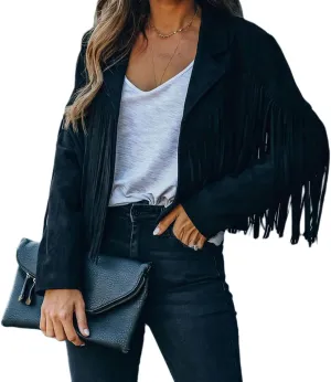 CHARTOU Casual Faux Leather Jacket Women Motorcycle Jacket Fringe Cropped Jacket Utility Tassel Suede Moto Jacket