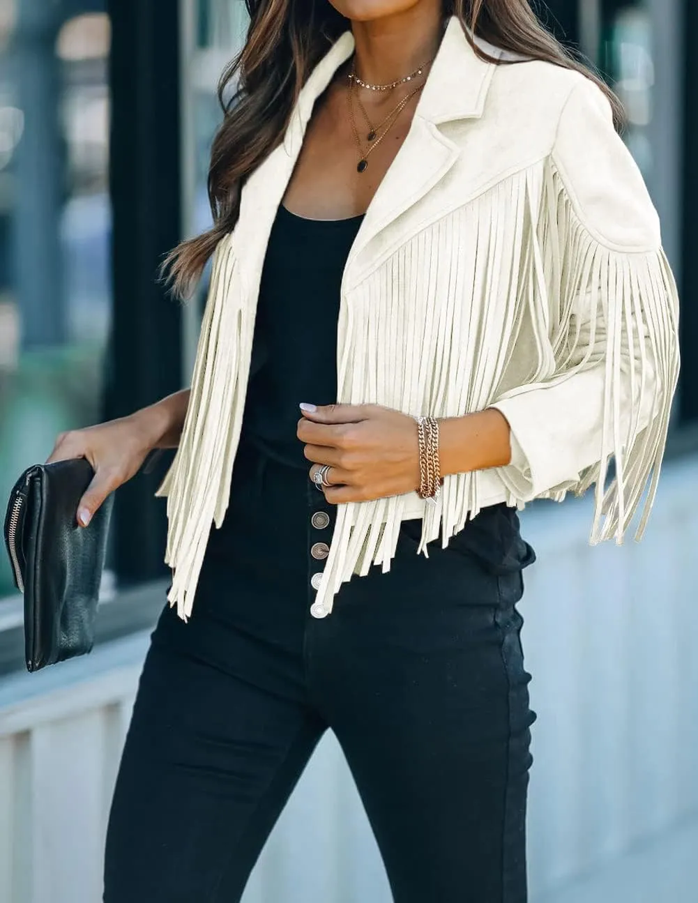 CHARTOU Casual Faux Leather Jacket Women Motorcycle Jacket Fringe Cropped Jacket Utility Tassel Suede Moto Jacket