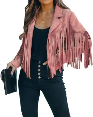 CHARTOU Casual Faux Leather Jacket Women Motorcycle Jacket Fringe Cropped Jacket Utility Tassel Suede Moto Jacket