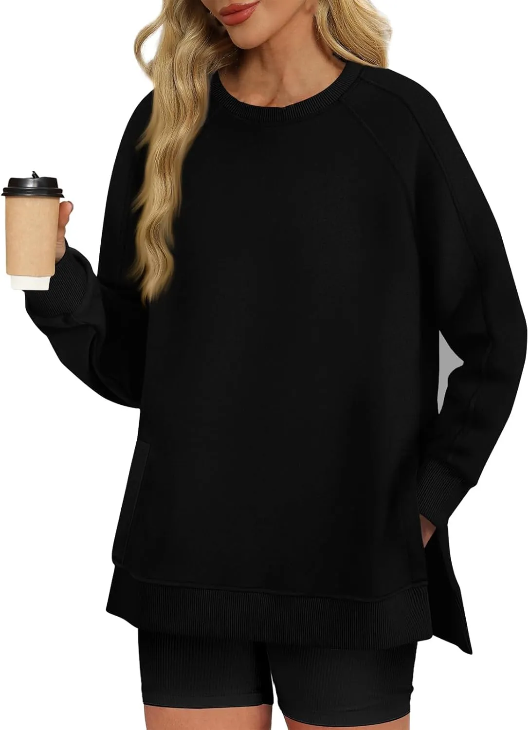 Crewneck Sweatshirts Women Side Slit Oversized Fall Sweatshirt Long Sleeve Tunic Pullover Shirts Y2k Hoodie Sweater