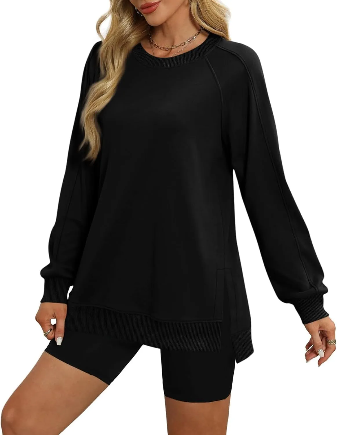 Crewneck Sweatshirts Women Side Slit Oversized Fall Sweatshirt Long Sleeve Tunic Pullover Shirts Y2k Hoodie Sweater