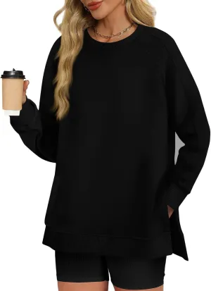 Crewneck Sweatshirts Women Side Slit Oversized Fall Sweatshirt Long Sleeve Tunic Pullover Shirts Y2k Hoodie Sweater