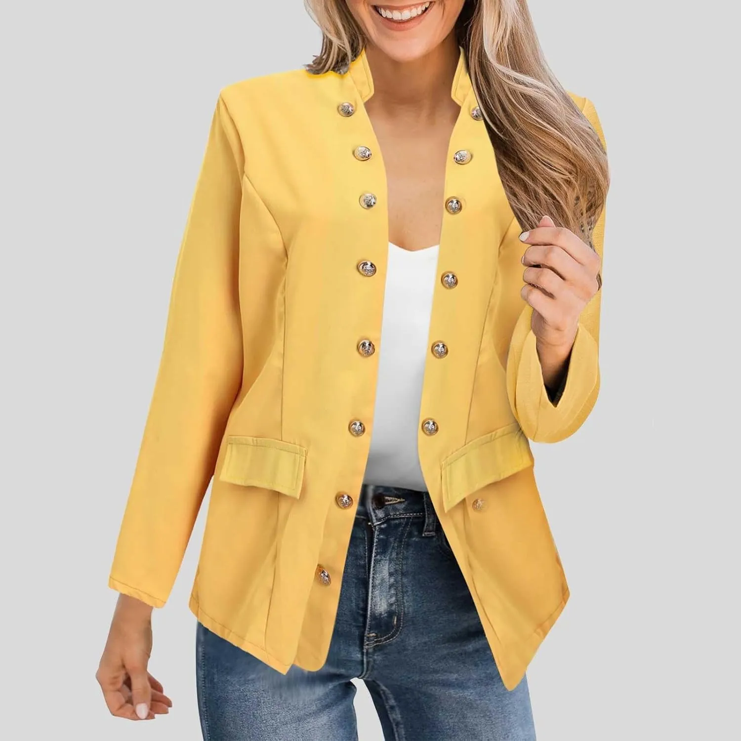 Crop Blazer for Women Mock Neck Button Jacket Open Front Cardigan Blouse Tops Business Casual Suit Coats