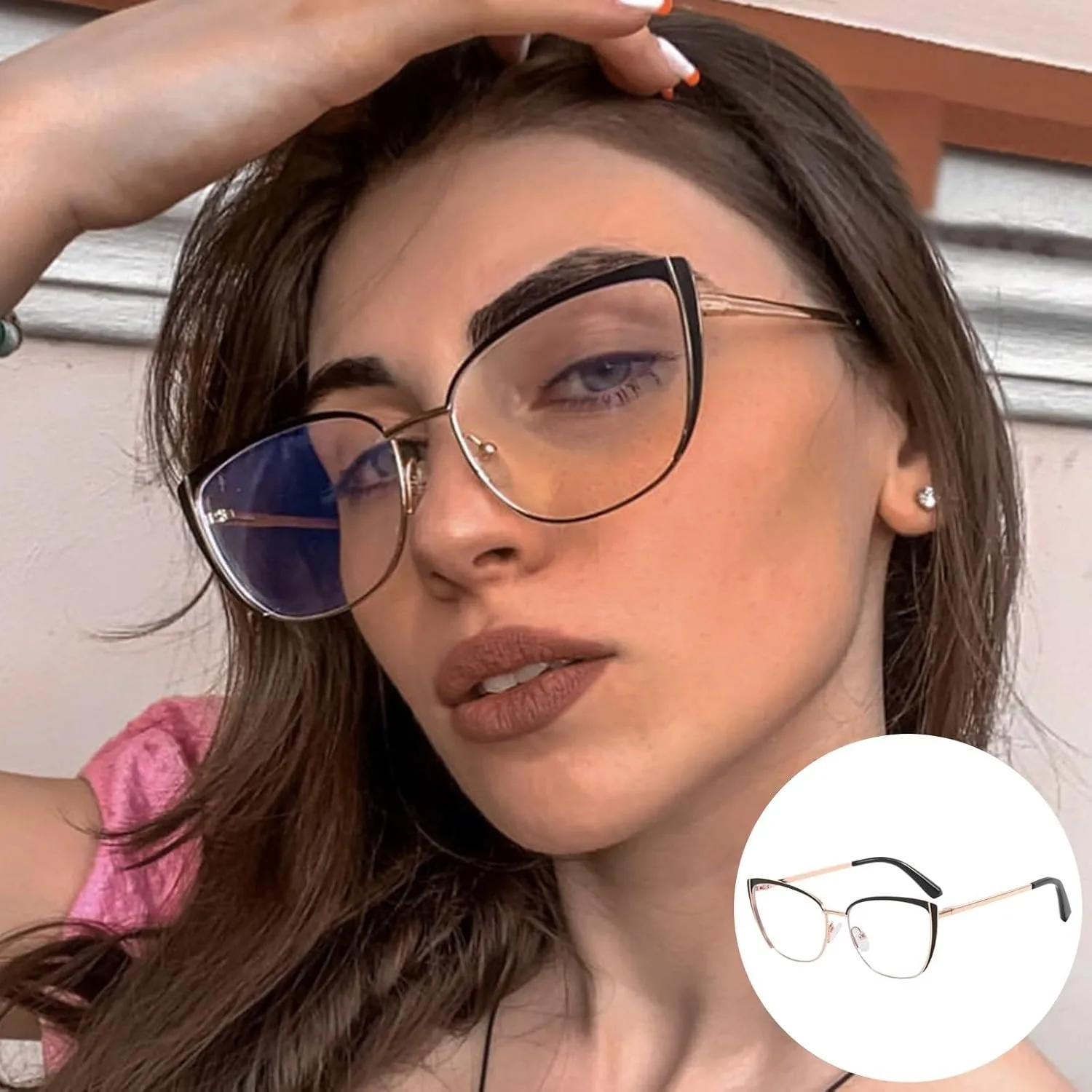 Cunmuu Metal Cat Eye Blue Light Blocking Sunglasses Flat Lens Travel Friendly Painted Finish