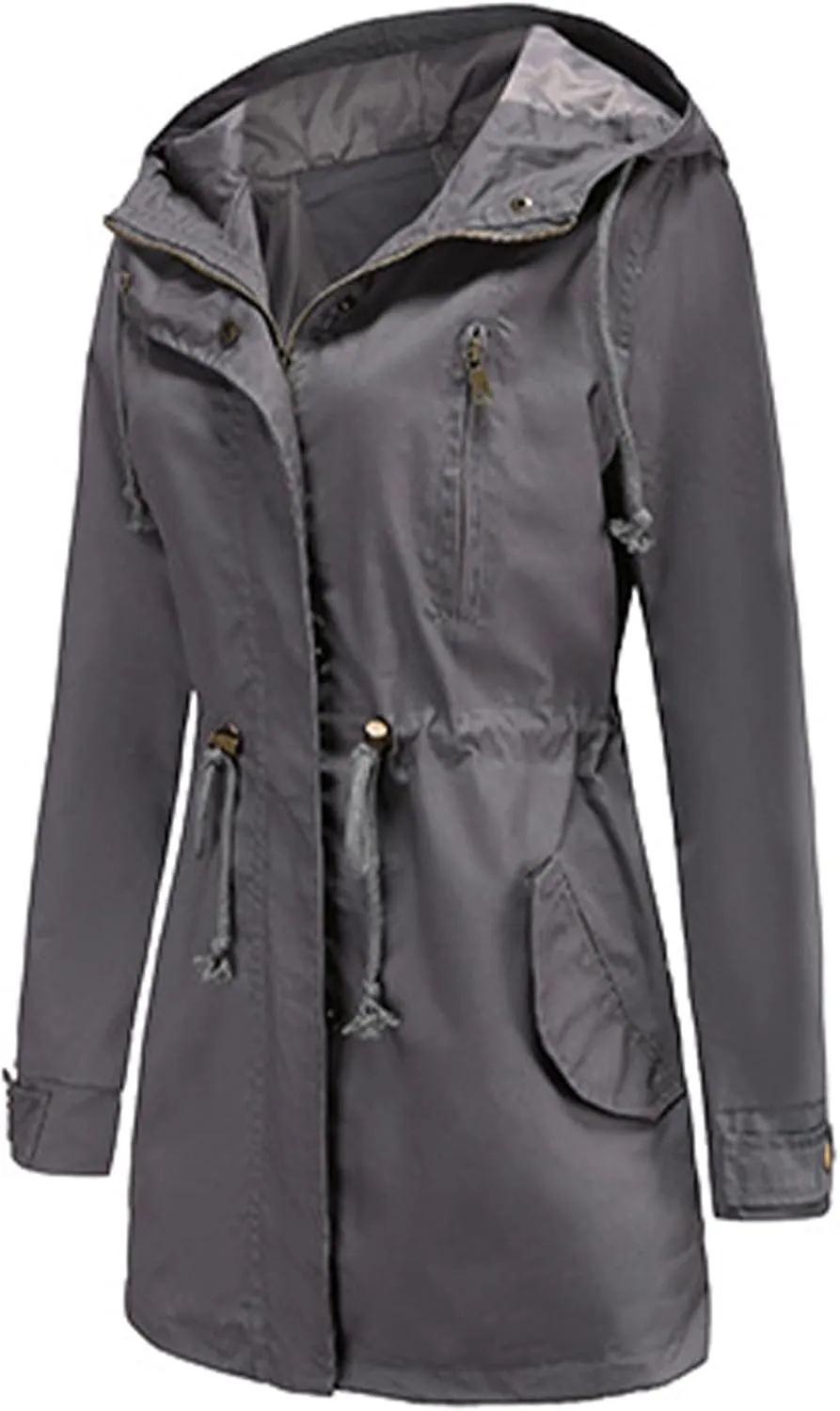 EFOFEI Women Zip Up Drawstring Waist Jackets Military Anorak Hooded Outerwear Utility Button Lightweight Coat With Pockets
