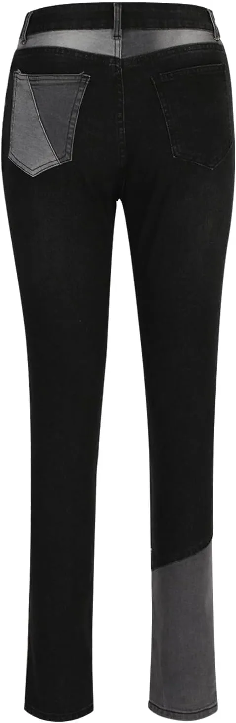 Elastic Waist Jeans for Women Color Patchwork High Waisted High Stretch Jeans Straight Leg Denim Long Pants
