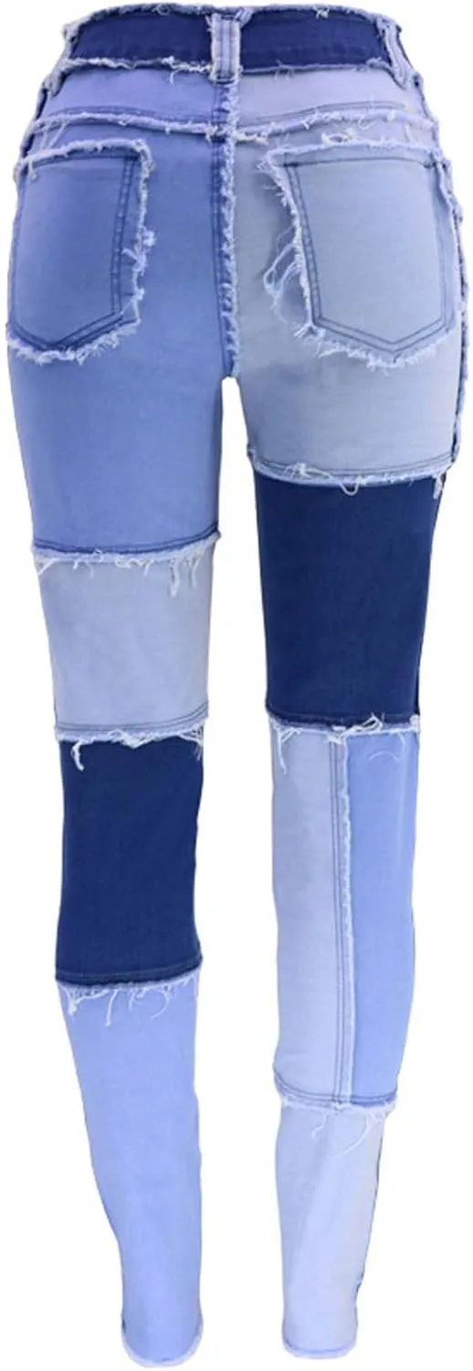 Elastic Waist Jeans for Women Color Patchwork High Waisted High Stretch Jeans Straight Leg Denim Long Pants