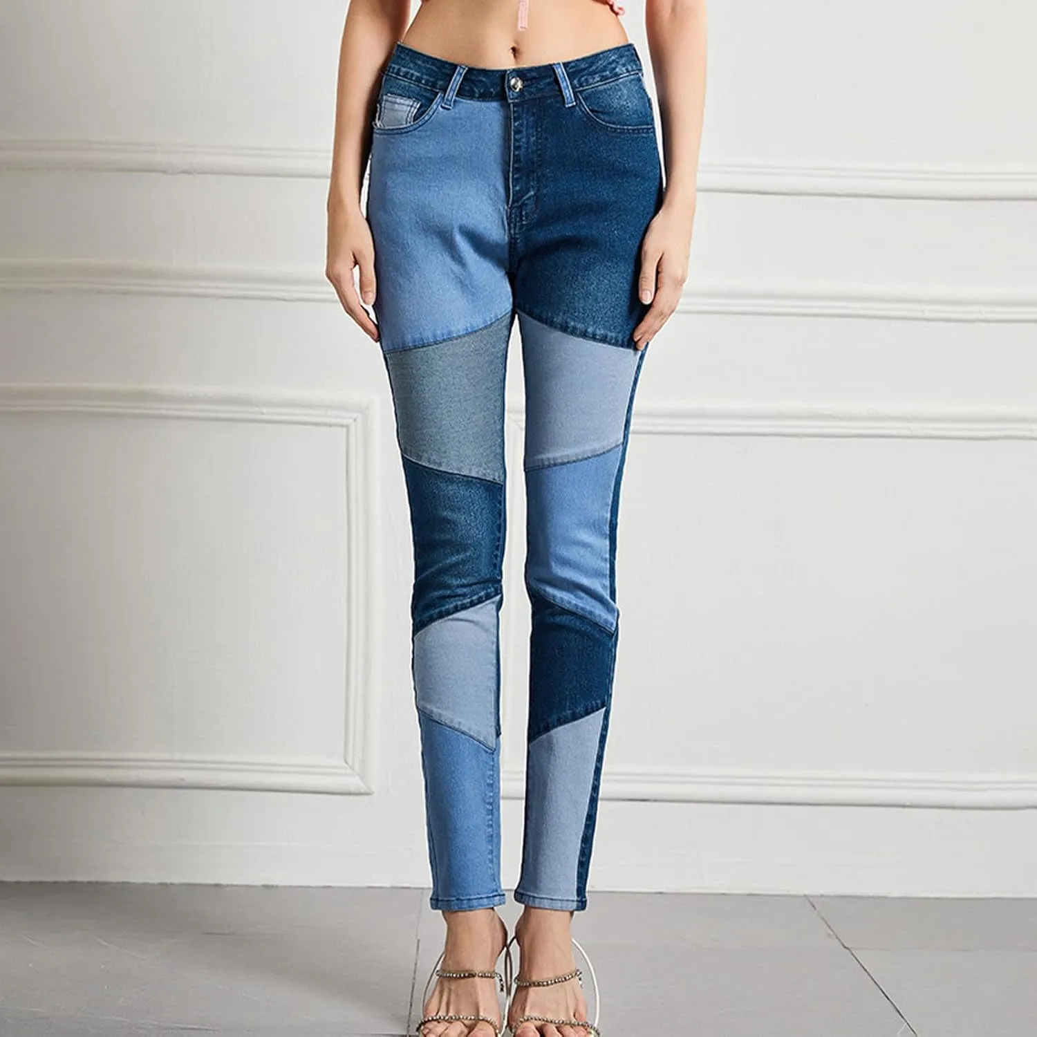 Elastic Waist Jeans for Women Color Patchwork High Waisted High Stretch Jeans Straight Leg Denim Long Pants