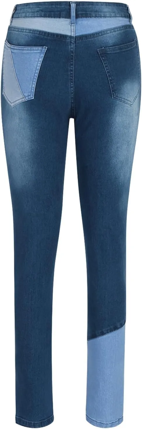Elastic Waist Jeans for Women Color Patchwork High Waisted High Stretch Jeans Straight Leg Denim Long Pants