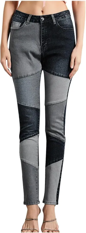 Elastic Waist Jeans for Women Color Patchwork High Waisted High Stretch Jeans Straight Leg Denim Long Pants