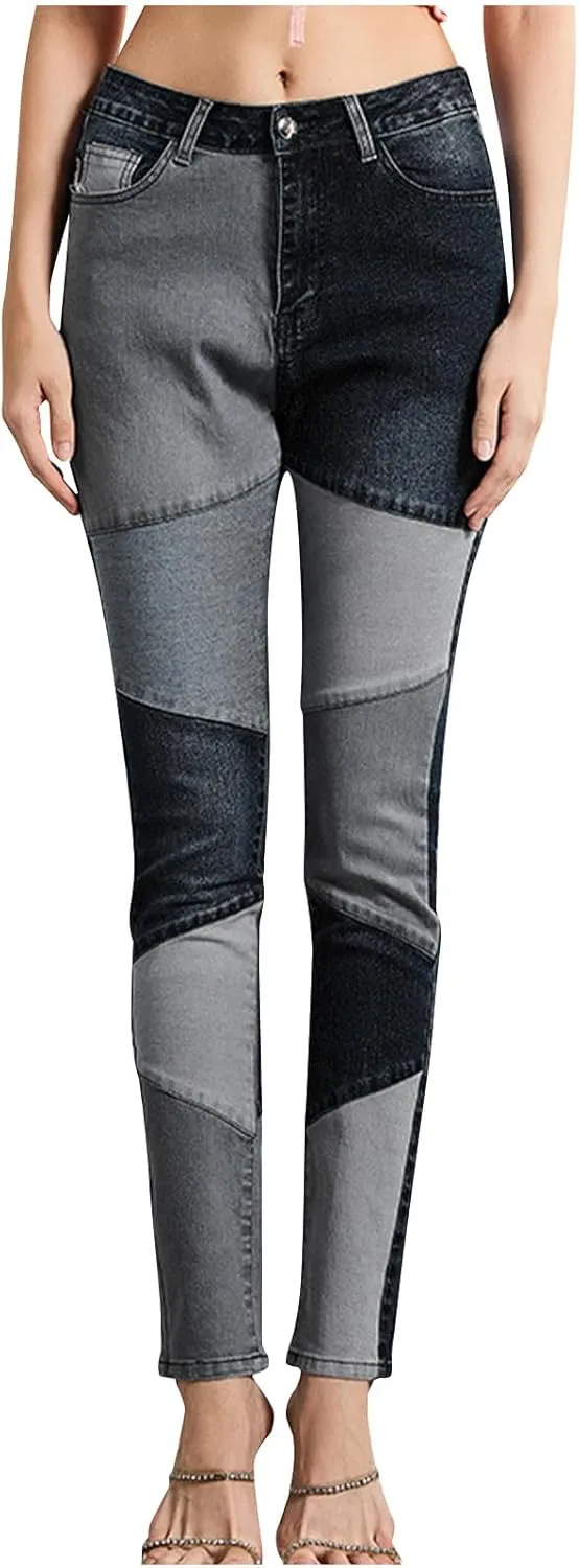 Elastic Waist Jeans for Women Color Patchwork High Waisted High Stretch Jeans Straight Leg Denim Long Pants
