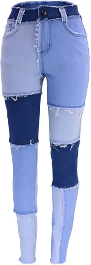 Elastic Waist Jeans for Women Color Patchwork High Waisted High Stretch Jeans Straight Leg Denim Long Pants