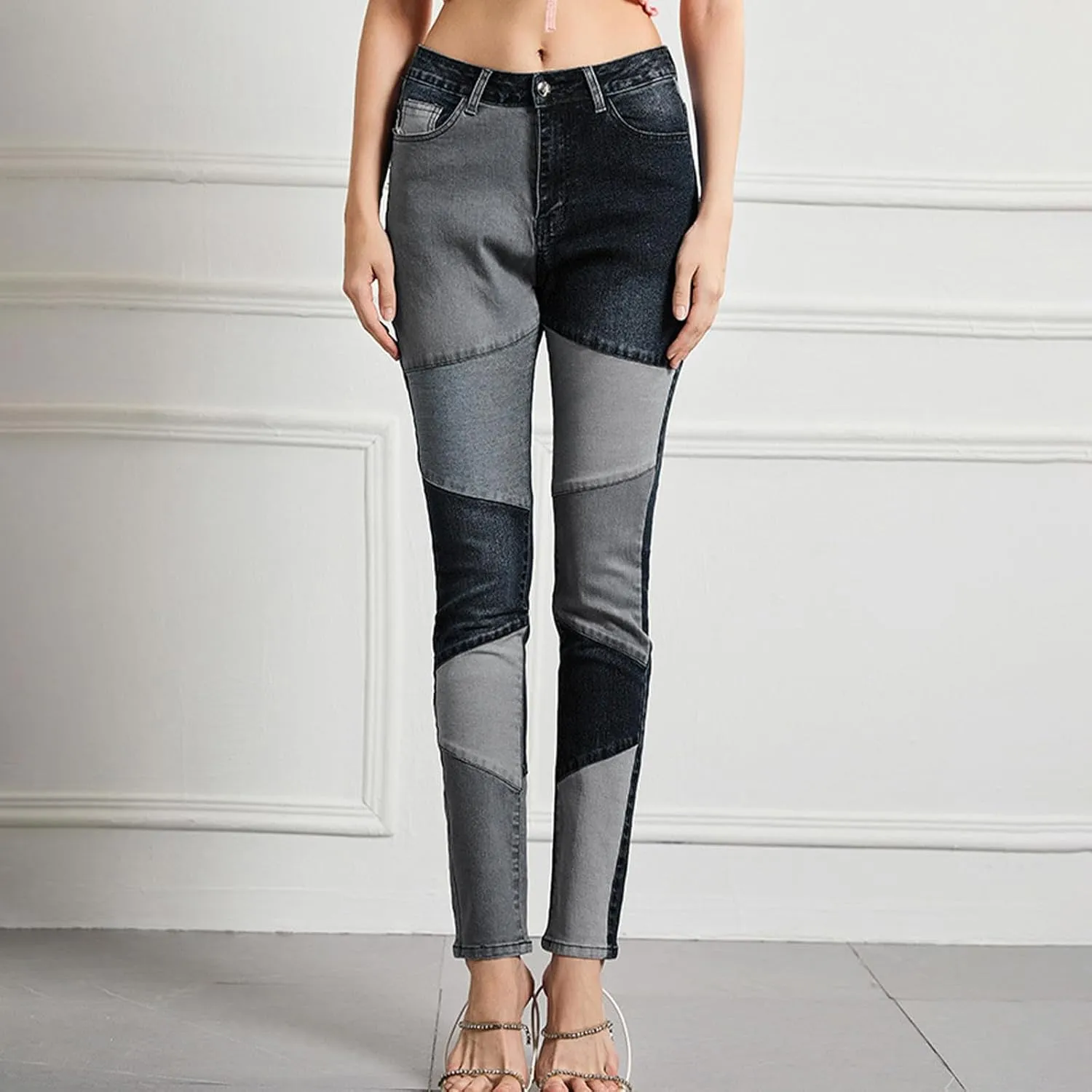 Elastic Waist Jeans for Women Color Patchwork High Waisted High Stretch Jeans Straight Leg Denim Long Pants