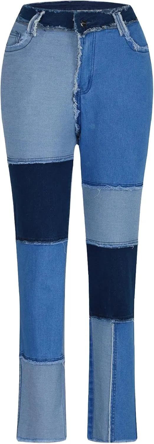 Elastic Waist Jeans for Women Color Patchwork High Waisted High Stretch Jeans Straight Leg Denim Long Pants