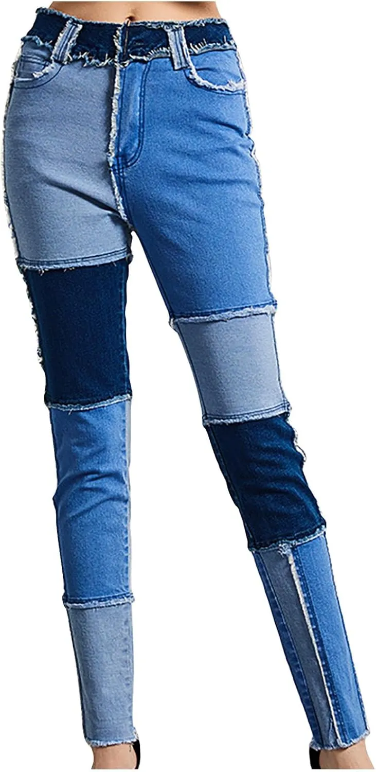 Elastic Waist Jeans for Women Color Patchwork High Waisted High Stretch Jeans Straight Leg Denim Long Pants