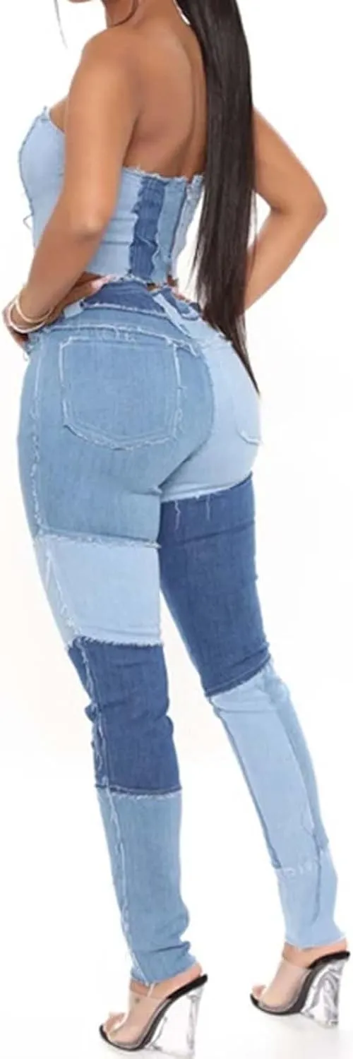 Elastic Waist Jeans for Women Color Patchwork High Waisted High Stretch Jeans Straight Leg Denim Long Pants