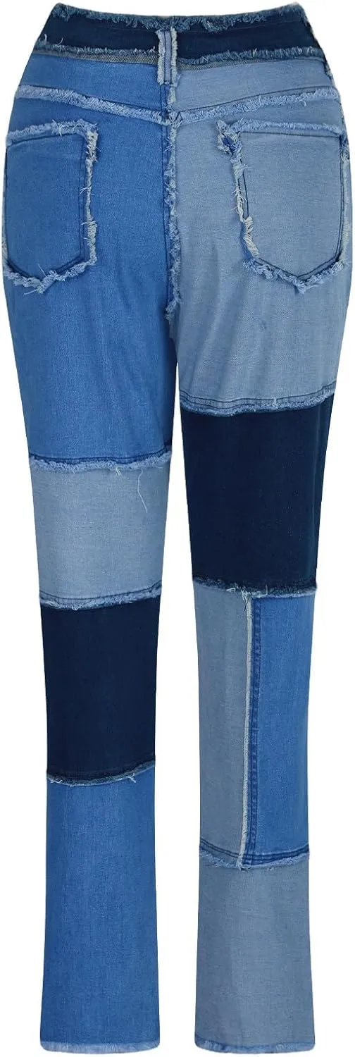 Elastic Waist Jeans for Women Color Patchwork High Waisted High Stretch Jeans Straight Leg Denim Long Pants