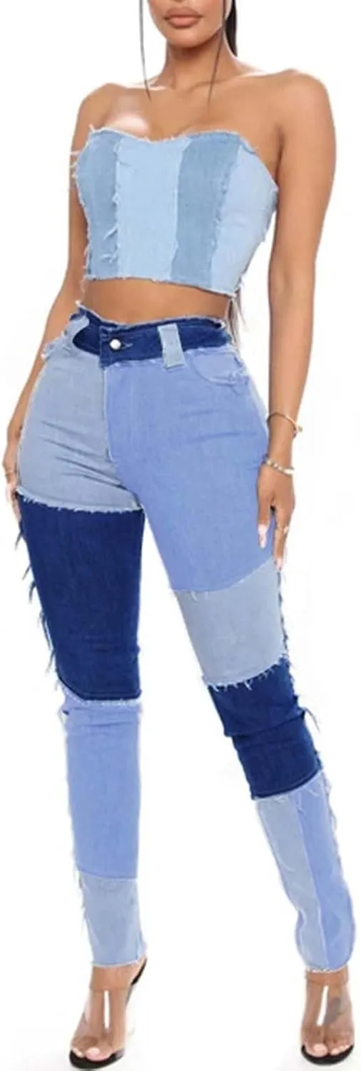 Elastic Waist Jeans for Women Color Patchwork High Waisted High Stretch Jeans Straight Leg Denim Long Pants