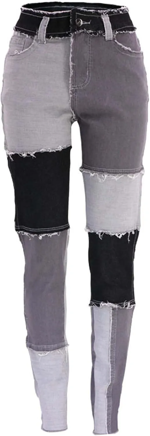 Elastic Waist Jeans for Women Color Patchwork High Waisted High Stretch Jeans Straight Leg Denim Long Pants