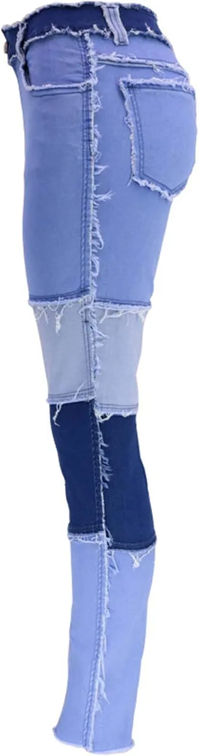 Elastic Waist Jeans for Women Color Patchwork High Waisted High Stretch Jeans Straight Leg Denim Long Pants