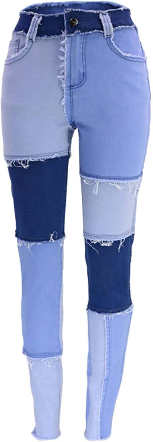 Elastic Waist Jeans for Women Color Patchwork High Waisted High Stretch Jeans Straight Leg Denim Long Pants