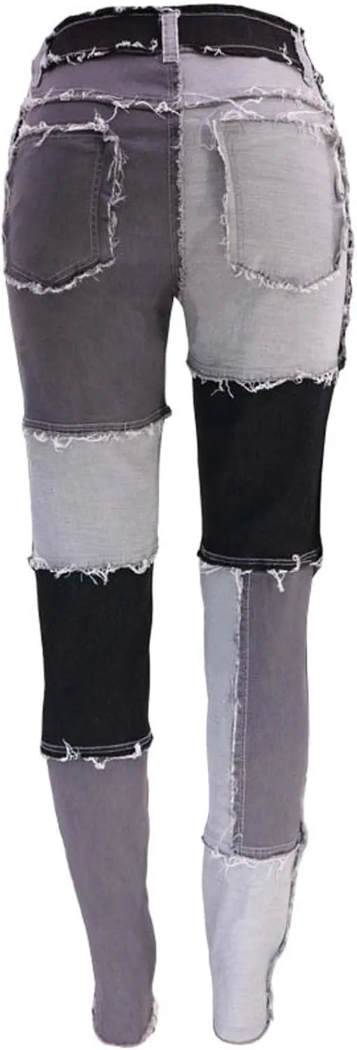 Elastic Waist Jeans for Women Color Patchwork High Waisted High Stretch Jeans Straight Leg Denim Long Pants
