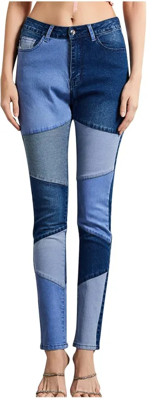 Elastic Waist Jeans for Women Color Patchwork High Waisted High Stretch Jeans Straight Leg Denim Long Pants