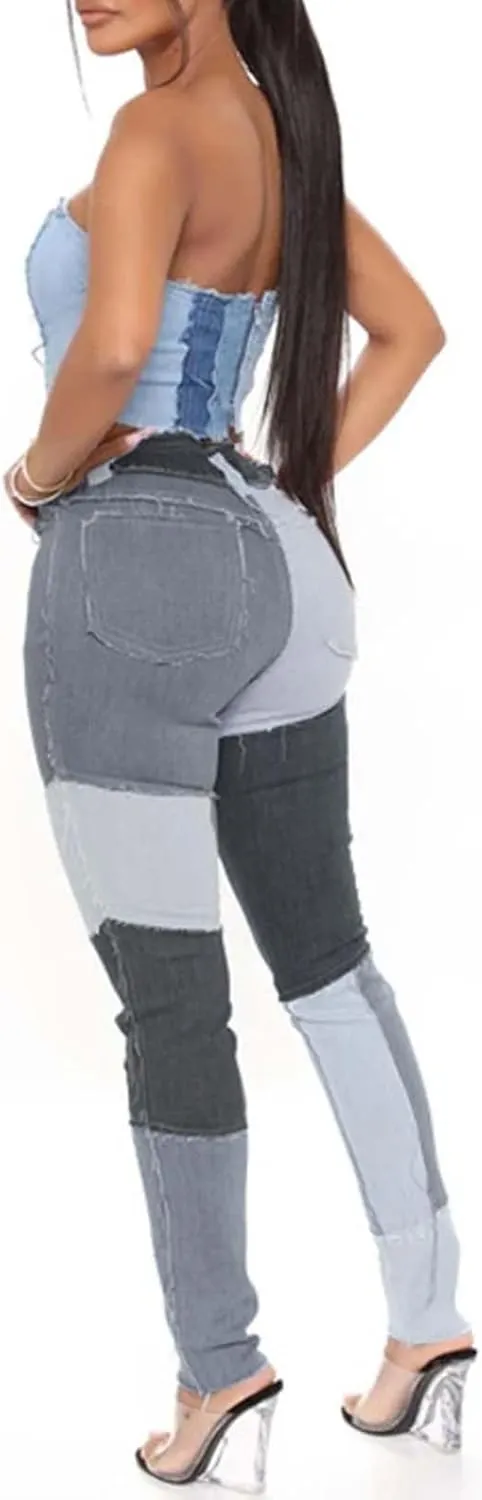 Elastic Waist Jeans for Women Color Patchwork High Waisted High Stretch Jeans Straight Leg Denim Long Pants