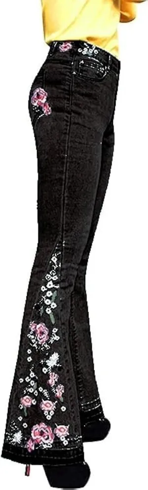 Embroidered Bell Bottom Jeans Women Vintage Plus Size Jeans Stretch Butt Lifting Flare Jean Wide Leg Denim Pants